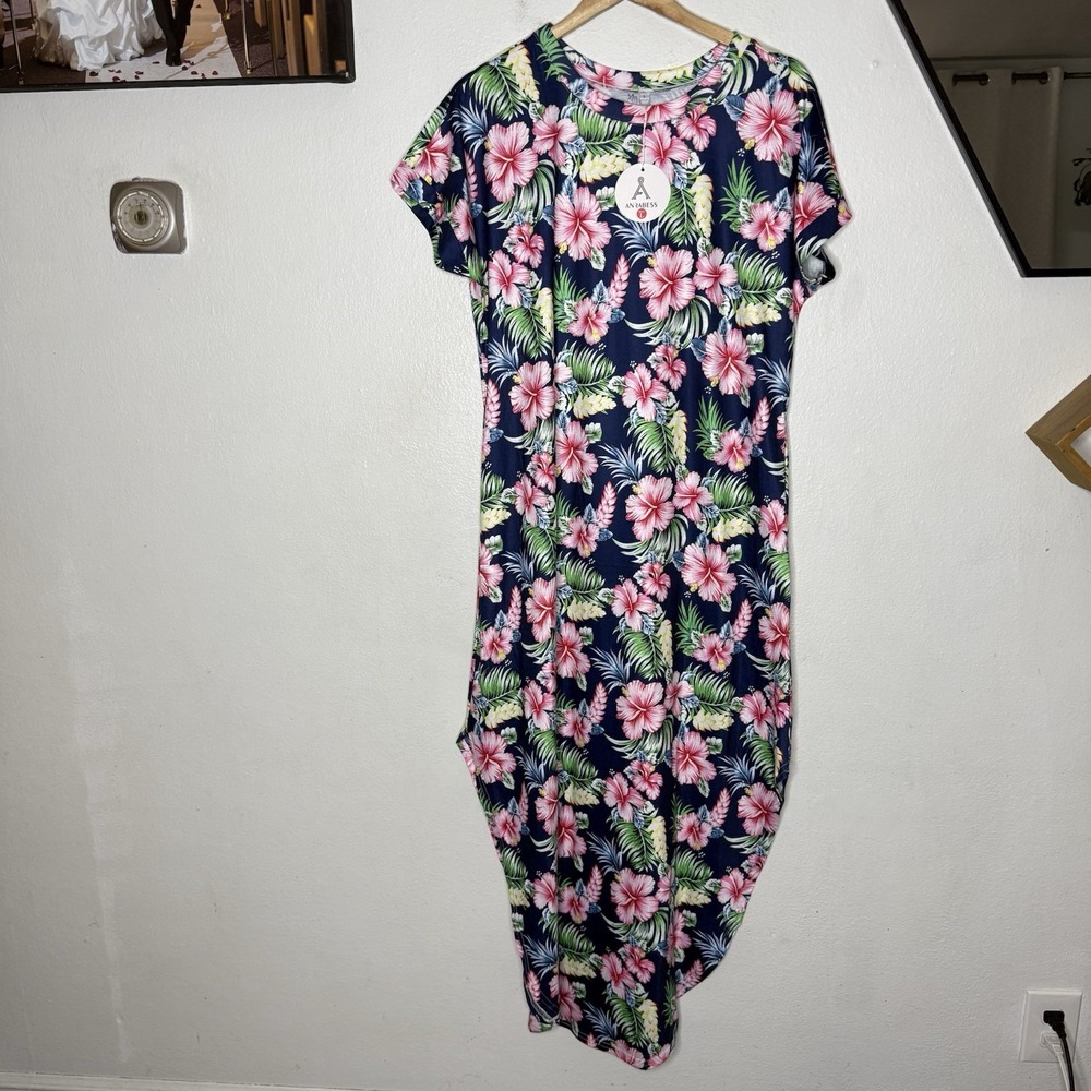 New Anrabess Blue Pink Floral Maxi Dress With Pockets Women's Large Pockets Boho